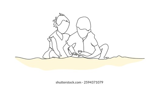 Continuous one line drawing happy children playing with sand on the beach in summer. boy and girl  builds a sand castle on the sea. Hand made vector not Al