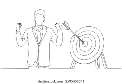 Continuous one line drawing of happy businessman clenching fists with arrow hitting bullseye, business goal accomplishment concept, single line art