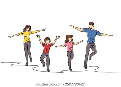 Continuous one line drawing happy family running and stretching both hands. Welcoming the long holiday with a happy feeling. International Family Day. Single line draw design vector illustration