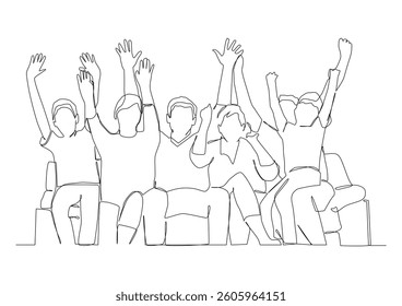 continuous one line drawing of happy big family cheering.
