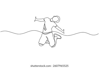 Continuous one line drawing of happy boys pupil running and jumping, Draw one continuous line Happy young students running and jumping.