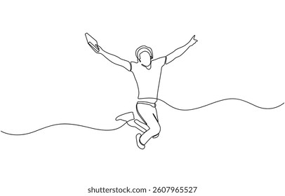 Continuous one line drawing of happy boys pupil running and jumping, Draw one continuous line Happy young students running and jumping.