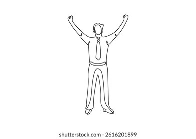 Continuous one line drawing of Happy businessman and raise hand. Single line drawing illustration of Young businessman. Success business concept vector art. Doodle line illustration.
