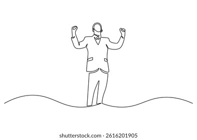 Continuous one line drawing of Happy businessman and raise hand. Single line drawing illustration of Young businessman. Success business concept vector art. Doodle line illustration.
