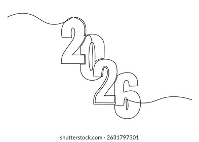 Continuous one line drawing of Happy new year 2026. Single line drawing illustration of New year 2026. Element background and banner new year 2026 concept vector art. Line vector illustration.
