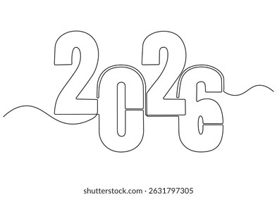 Desenho contínuo de uma linha de Feliz ano novo 2026. Ilustração de desenho de linha única do Ano Novo 2026. Elemento fundo e banner novo ano 2026 conceito vetor arte. Linha vetor ilustração.