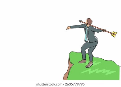 Continuous one line drawing happy determined strong businessman throwing rising up red arrow to achieve goal. Business growth, success and improvement concept. Single line draw design vector graphic