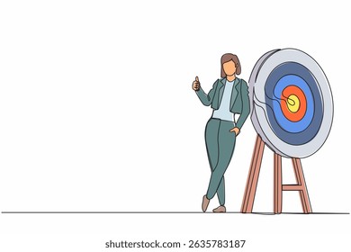 Continuous one line drawing happy businesswoman or manager is standing or leaning the target with thumbs up gesture. Arrow hit the target exactly. Single line draw design vector graphic illustration