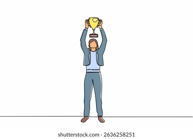 Continuous one line drawing happy businesswoman standing and lifting trophy. Career goal icon. Victory sign or symbol. Winner pose. Success, goal, achievement concept. Single line draw design vector