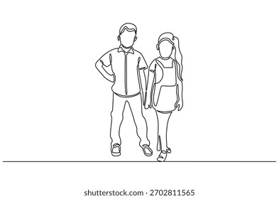 Continuous one line drawing of happy smiling little boy and girl. Single line drawing illustration of children park together for fun. Happy Children day concept vector art. Doodle line illustration.