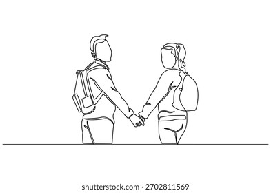 Continuous one line drawing of happy smiling little boy and girl. Single line drawing illustration of children park together for fun. Happy Children day concept vector art. Doodle line illustration.