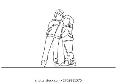 Continuous one line drawing of happy smiling little boy and girl. Single line drawing illustration of children park together for fun. Happy Children day concept vector art. Doodle line illustration.