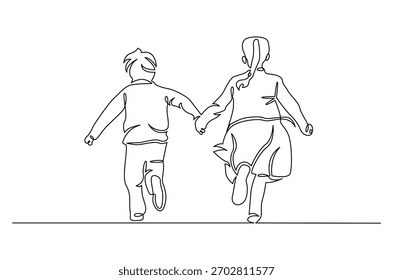 Continuous one line drawing of happy smiling little boy and girl. Single line drawing illustration of children park together for fun. Happy Children day concept vector art. Doodle line illustration.