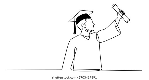 Dibujo continuo de una línea de un estudiante graduado feliz con vestimenta académica que sostiene un rollo de diploma, celebrando el éxito educativo y el futuro brillante