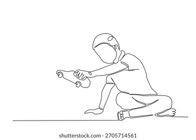 Dibujo continuo de una línea de niño feliz jugando juguete de coche. Un niño jugando juguete de coche en una sola línea ilustración de arte. Vector editable.