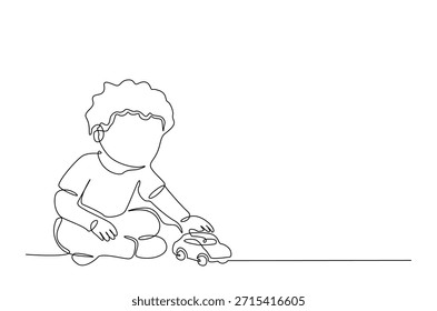 Dibujo continuo de una línea de niño feliz jugando juguete de coche. Un niño jugando juguete de coche en una sola línea ilustración de arte. Vector editable.