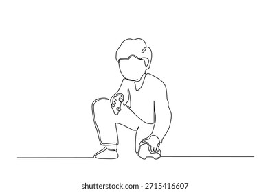 Dibujo continuo de una línea de niño feliz jugando juguete de coche. Un niño jugando juguete de coche en una sola línea ilustración de arte. Vector editable.