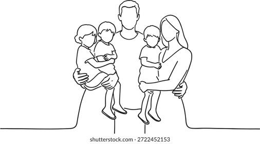 desenho contínuo de uma linha de uma família feliz, representando os pais segurando seus filhos, simbolizando amor, cuidado, unidade e apoio