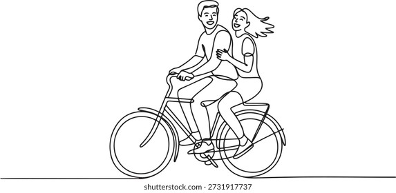 Continuous one line drawing happy funny young couple riding on bicycle. Romantic teenage couple ride bike. Young man and woman in love. one line Icon drawing
