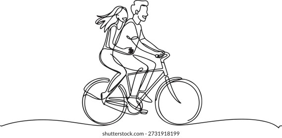 Continuous one line drawing happy funny young couple riding on bicycle. Romantic teenage couple ride bike. Young man and woman in love. one line Icon drawing
