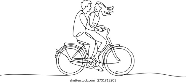 Continuous one line drawing happy funny young couple riding on bicycle. Romantic teenage couple ride bike. Young man and woman in love. one line Icon drawing
