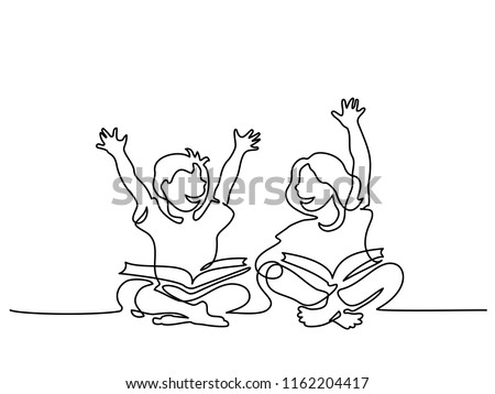 Continuous one line drawing. Happy kids reading open books sitting on floor. Vector illustration