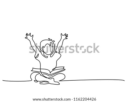 Continuous one line drawing. Happy boy reading open books sitting on floor. Vector illustration