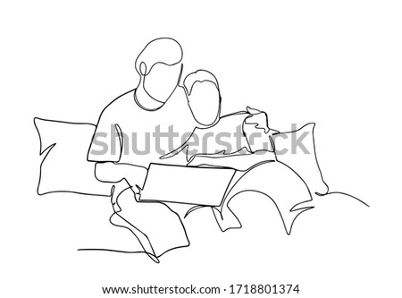 Continuous one line drawing happy couple of man and woman using laptop. Family is sitting on the couch with devices. Vector illustration. Stay home during quarantine  coromavirus. Covid-19 EPS 10.