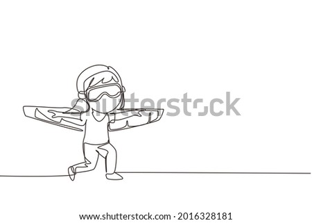 Continuous one line drawing happy kid girl play toy plane cardboard. Children playing toy plane cardboard, little cute kid in an astronaut costume. Single line draw design vector graphic illustration