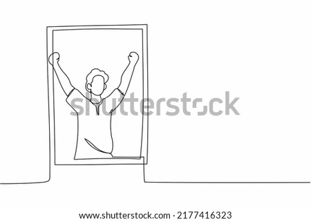 Continuous one line drawing happy man look out of window meet welcome new day breathe fresh air. Guy stretching in morning enjoy sunny weekend at home. Single line graphic design vector illustration