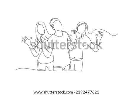 Continuous one line drawing happy people group with hands up standing together.. World smile day concept. Single line draw design vector graphic illustration.