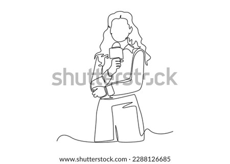 Continuous one line drawing happy anchor woman holding mic with reporting news. News anchor concept. Single line draw design vector graphic illustration.