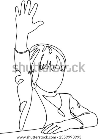 Continuous one line drawing. Happy girl sitting in a classroom raises her hand. Vector illustration. back to school concept. School girl raising hand and writing at a desk. first day at school.