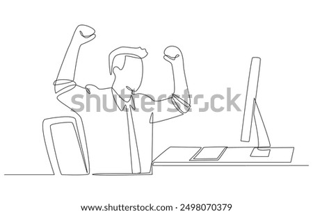 Continuous one line drawing of happy office worker sitting and raising hands in front of office pc, celebration of work success concept, single line art.