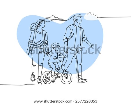 Continuous one line drawing Happy Parents with her child riding bike together. Outdoor leisure activities concept. Doodle vector illustration.