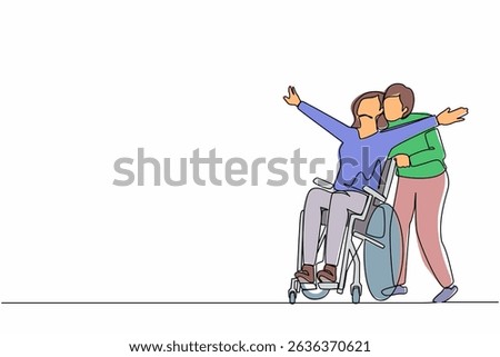 Continuous one line drawing happy disabled woman in wheelchair on walk with her loving husband outdoors, having fun, spending time together. Impaired couple enjoying fun day. Single line design vector