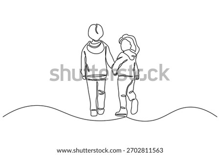 Continuous one line drawing of happy smiling little boy and girl. Single line drawing illustration of children park together for fun. Happy Children day concept vector art. Doodle line illustration.