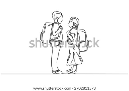 Continuous one line drawing of happy smiling little boy and girl. Single line drawing illustration of children park together for fun. Happy Children day concept vector art. Doodle line illustration.