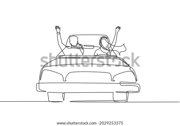 Continuous one line drawing happy married couple\
driving in cabriolet car cheering with arms raised. Man and woman\
wearing wedding dress going to wedding party. Single line draw\
design vector\
graphic
