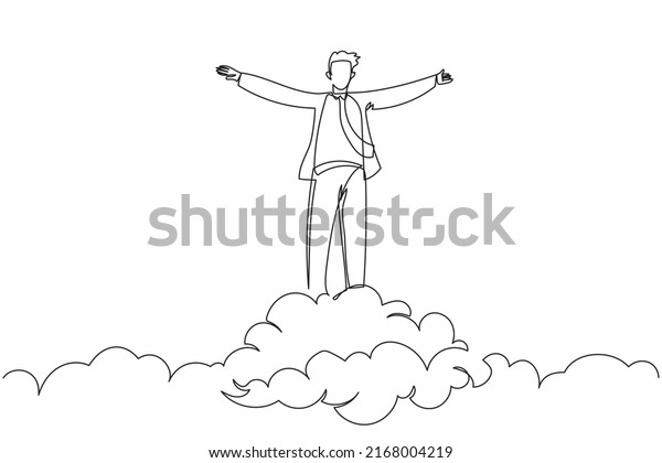 Continuous one line drawing happy\
businessman on top of cloud with raised hand. Successful business\
working manager. Financial freedom, happiness, peaceful. Single\
line draw design vector\
illustration
