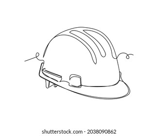 Continuous One Line Drawing Of Hard Hat Icon In Silhouette On A White Background. Linear Stylized.