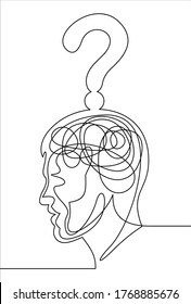 Continuous one line drawing head with a question line icon.Vector concept confusion in the head.