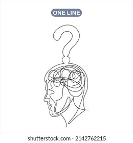 Cabecera de dibujo de una línea continua con un icono de línea de pregunta.Confusión de concepto de vector en la cabeza.