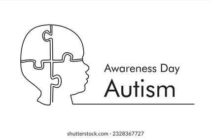 Continuous one line drawing of head of child and grup of puzzle. Autism awareness concept art. Accept autism and understand the challenges associated with it. 