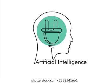 Continuous one line drawing of head with plug inside. Man Robot Brain Artificial Intelligence Logo design vector template Linear style. AI Automation technology Psychology Brainstorm Logotype concept.