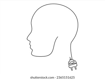 Dibujo continuo de una línea de la cabeza con enchufe dentro. Plantilla vectorial de diseño del logotipo de inteligencia artificial del cerebro del robot masculino Estilo lineal. Tecnología de automatización de IA Psicología Brainstorm Concepto de Logotipo.