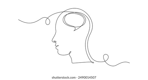 Continuous one line drawing of head with speech bubble. Concept of confused feelings worried about bad mental health. Editable stroke. Doodle vector illustration