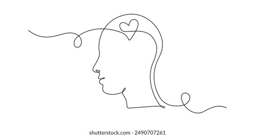 Continuous one line drawing of head with heart inside. Concept of falling in love and empathy symbol in simple linear style. Good mental health in editable stroke. Doodle vector illustration