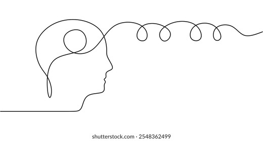 Continuous one line drawing of a head with thread unraveling, symbolizing the slow process of unraveling thoughts and freeing the mind from psychological tension.