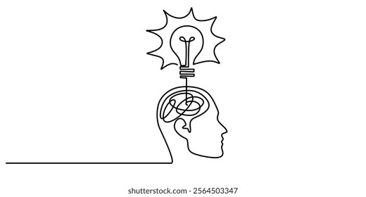 Continuous one line drawing of a head with a brain and light bulb. Symbolizing ideas, innovation, and moments of realization. Vector illustration hand drawn.